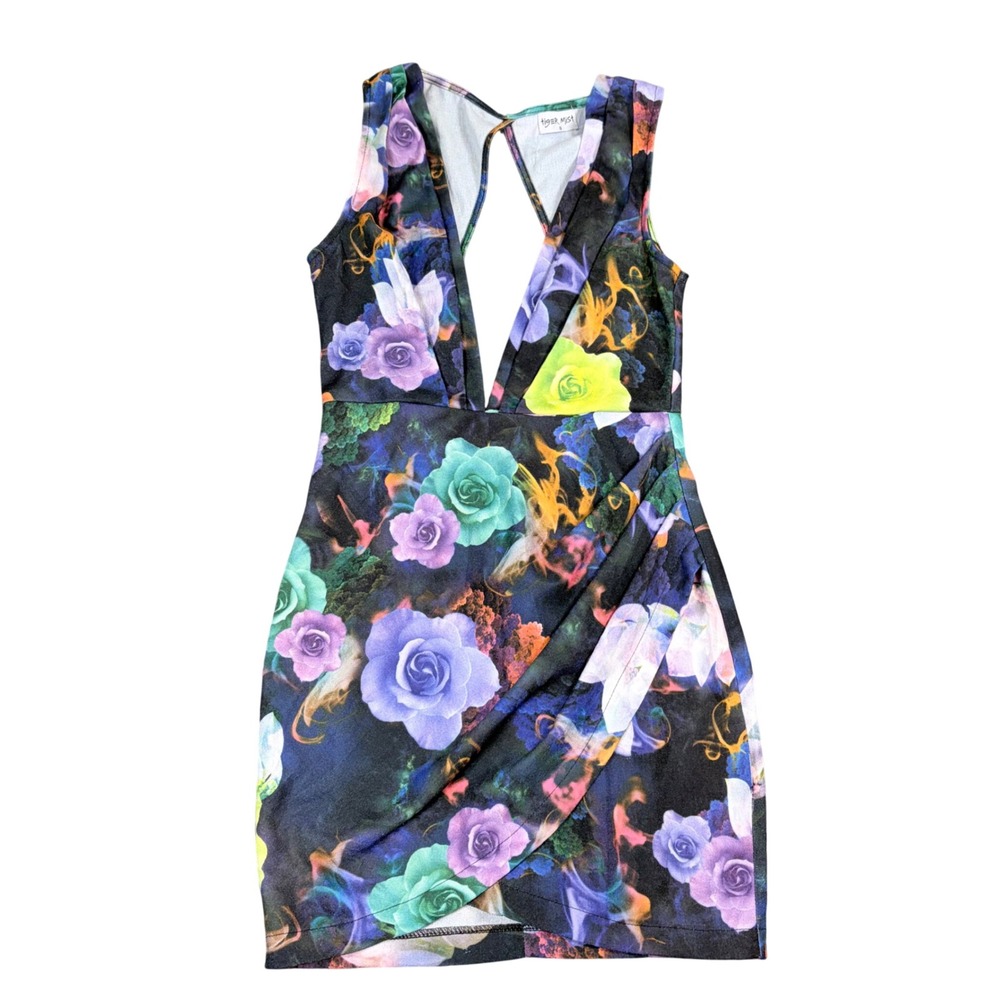 Tiger Mist Floral Mini Dress Size 8 Multi Color Deep V-Neck Wrap Skirt Cutout